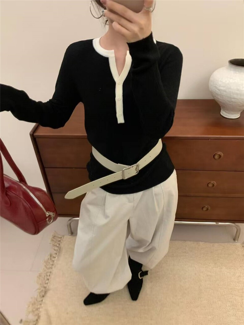 2025年秋季新款拼色针织女士打底衫时尚休闲通勤百搭,针织衫/毛衣,恒旺羊绒