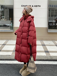 红色羽绒棉服过膝长款加厚2025新款冬季高级感中戏棉衣棉袄外套图片