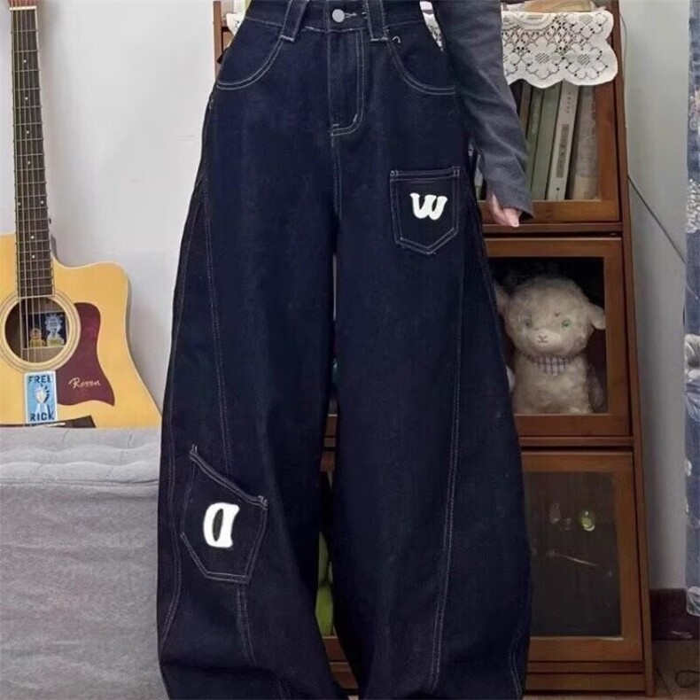 大码美式复古弯刀牛仔裤男女设计感春季新款宽松百搭阔腿垂感裤，女装牛仔裤，星座506A