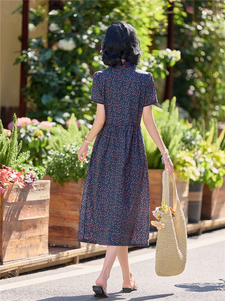 田园风斜领碎花刺绣连衣裙女春夏收腰显瘦中长裙（细节图颜色为）,女装连衣裙,水衣源