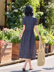 田园风斜领碎花刺绣连衣裙女春夏收腰显瘦中长裙（细节图颜色为），女装连衣裙，水衣源