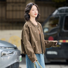咖色刺绣小蝴蝶夹克美式复古外套女百搭休闲显瘦褶皱领短款上衣，女装短外套，梦懿尔