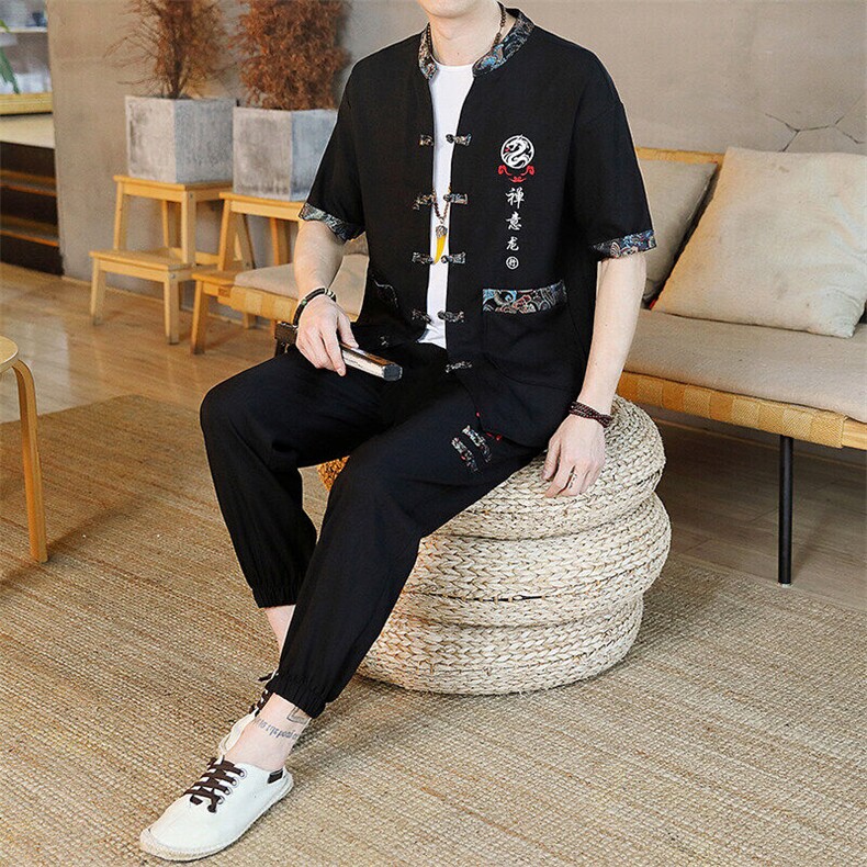 风男装夏季冰丝短袖开衫男复古汉服套装风,男装休闲套装,星座1206（原A206）