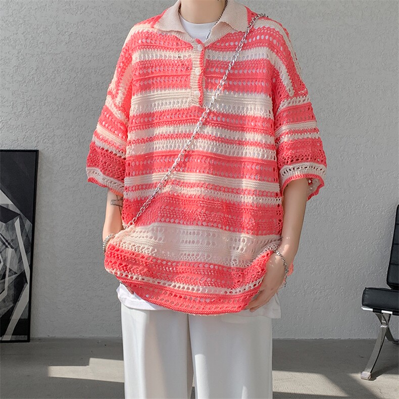 8XL-M特大码美式复古条纹撞色针织POLO衫翻领休闲短袖TDX311P35，男装Polo衫，电商D206-1