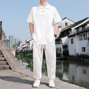 夏季冰丝风男士套装龙纹提花衬衫两件套A266-1-TZ250185-P70图片