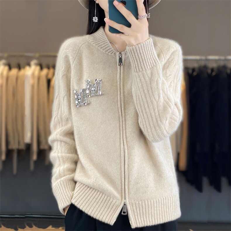 拉链开衫女圆领扭花镶钻棒球服针织外套宽松羊绒衫外搭,女装羊毛衫,暖烁羊绒