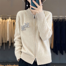 拉链开衫女圆领扭花镶钻棒球服针织外套宽松羊绒衫外搭，女装羊毛衫，暖烁羊绒
