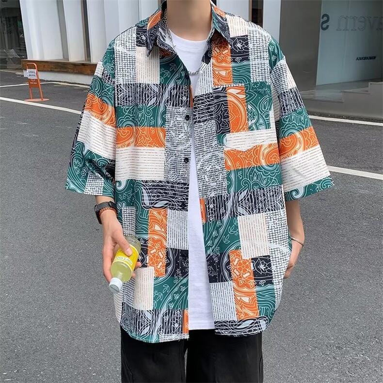 五分袖春季拼色格子衬衫青春流行ins男A603P25图片
