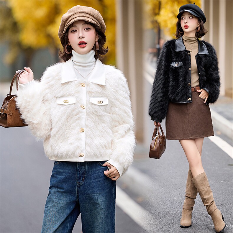 仿狐狸毛环保皮草外套女冬季小香风翻领年轻款气质拼皮风高端上衣，女装皮草，江南女神