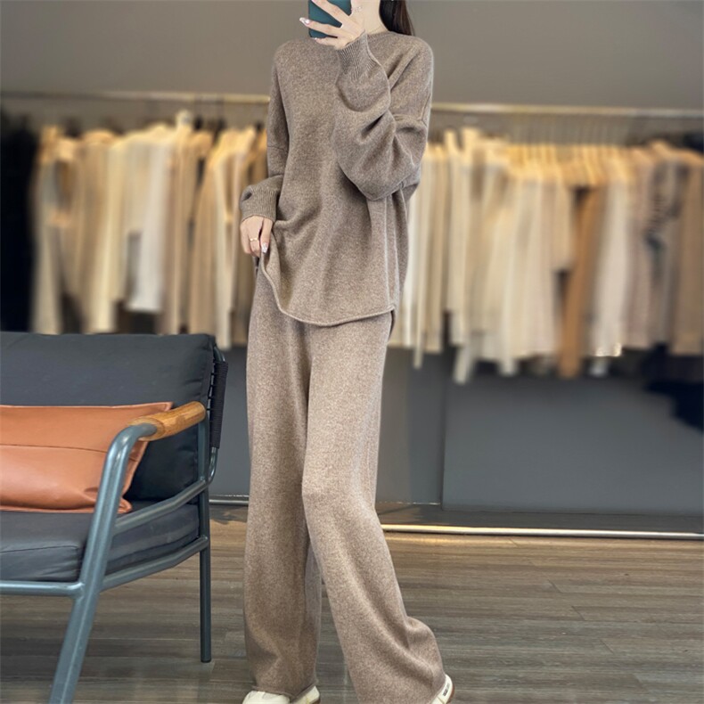 圆领宽松慵懒风100%纯羊毛两件套女秋冬长袖毛衣阔腿裤羊绒衫套装,女装套装/套裙,东远绒业