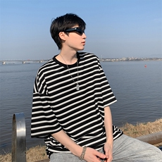 特批P30无差价夏季休闲条纹宽松圆领五分短袖T恤男百搭上衣T5085，男装T恤，电商A001-1
