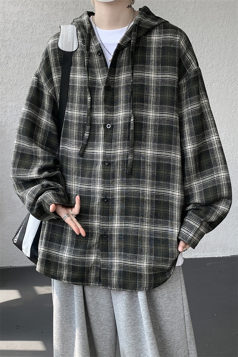 新款日系文艺休闲格子连帽大码长袖衬衫外套男C5535-特P38控75,男装衬衫,电商A001-1