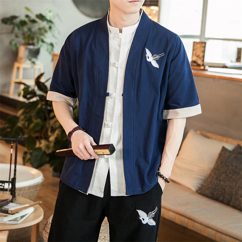 风外套五分袖男唐装盘扣开衫道袍和服宽松夹克茶服 M130 P35图片