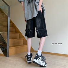 B221美式ins高街设计感拉链直通五分牛仔裤LK23082-P50控68，男装牛仔裤，电商B221