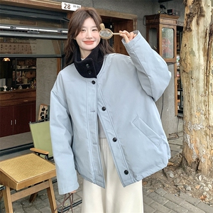 蓝色设计感针织拼接立领羽绒服女2025冬新款宽松加厚保暖白鸭绒服图片