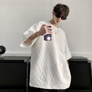 2026夏装圆领短袖T恤大码男纹理提花V字母 T8605/特P25 白色2图片