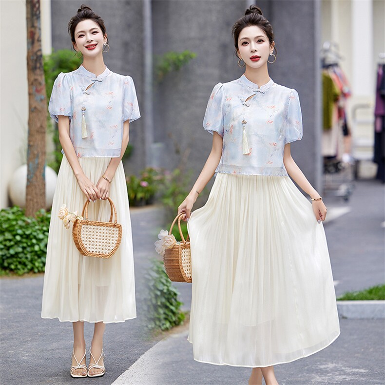 新中式国风套装裙子女夏季小个子日常可穿改良旗袍汉服禅意两件套,女装套装/套裙,丽美静依