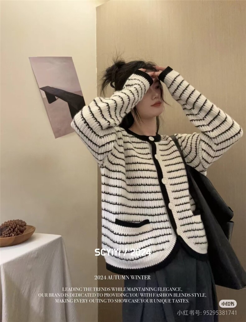 条纹开衫红色黑色胸围108衣长58袖长48,针织衫/毛衣,更慕羊绒