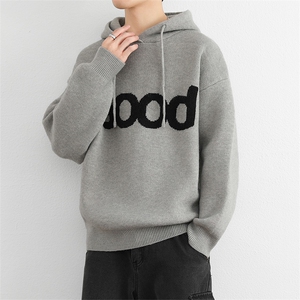 连帽毛衣复古套头针织帽衫男 GOOD印花潮牌秋冬慵懒风情侣外套图片