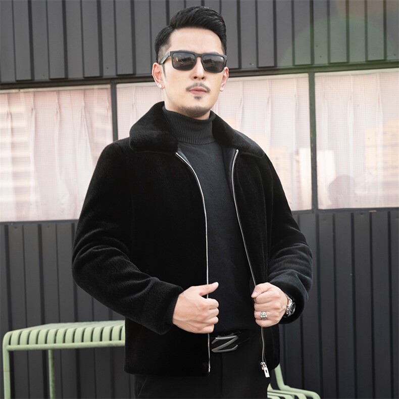 男士外套2023新款毛呢秋冬季男装卡貂绒夹克加厚款中年休闲上衣图片