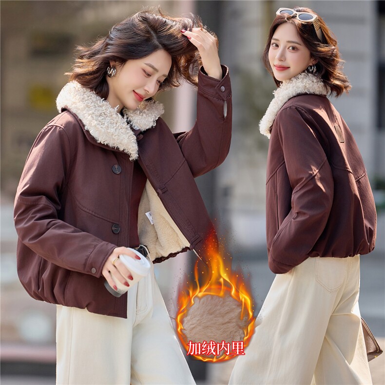 时尚羊羔毛领加绒派克服外套女2025冬季新款休闲气质保暖棉服上衣,女装短外套,印象茜