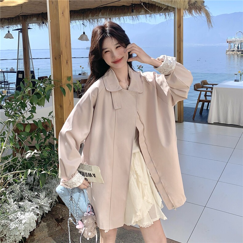 2026春装新款甜美粉色蕾丝袖口韩版休闲中长风衣外套女，女装风衣，时尚风爆