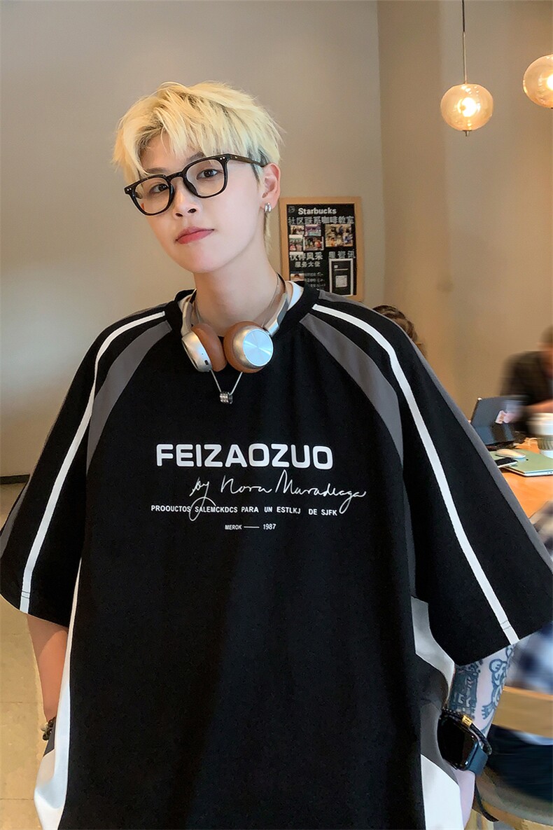 X5532-TP35控价58美式复古拼接撞色短袖男宽松百字母印花T恤,男装T恤,电商A102-1