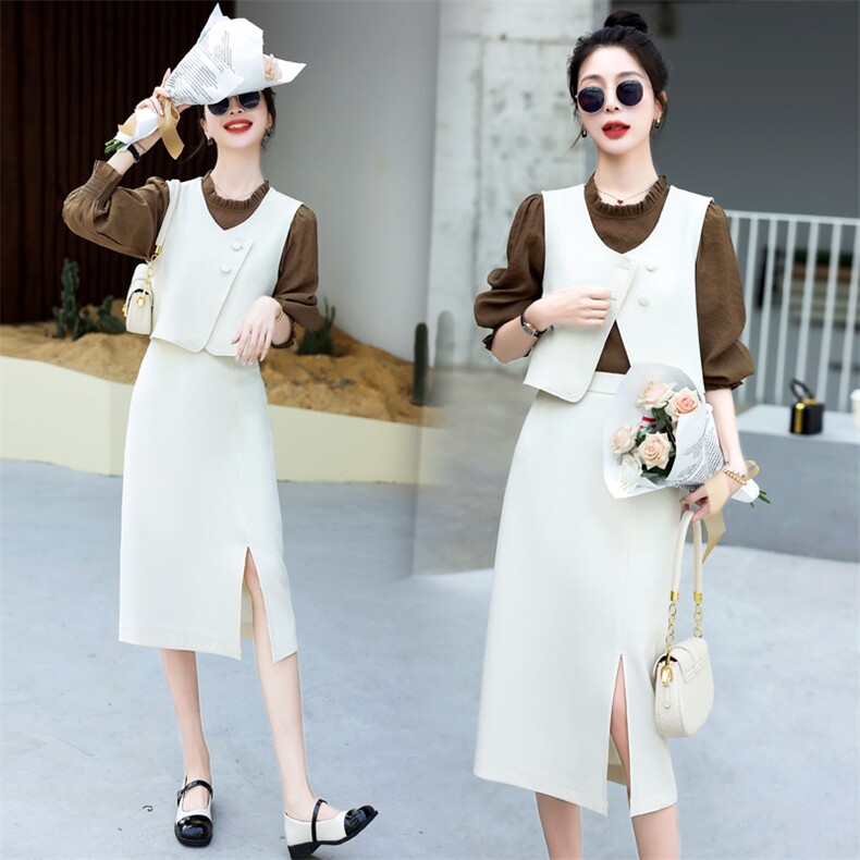 2023年春季新款小香风修身简约百搭马甲衬衫半身裙三件套套装，女装套装/套裙，瑶迪依秀