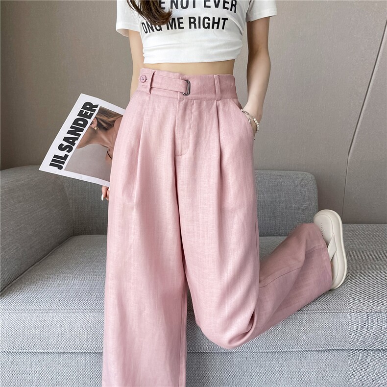 2024夏季新款亚麻阔腿裤冰丝高腰直筒棉麻西装休闲阔腿裤，女装休闲裤，梦白服饰厂