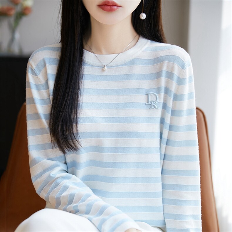 春秋圆领条纹拼色针织毛衣女桑蚕丝羊毛长袖打底宽松刺绣字母上衣,女装羊毛衫,暖烁羊绒
