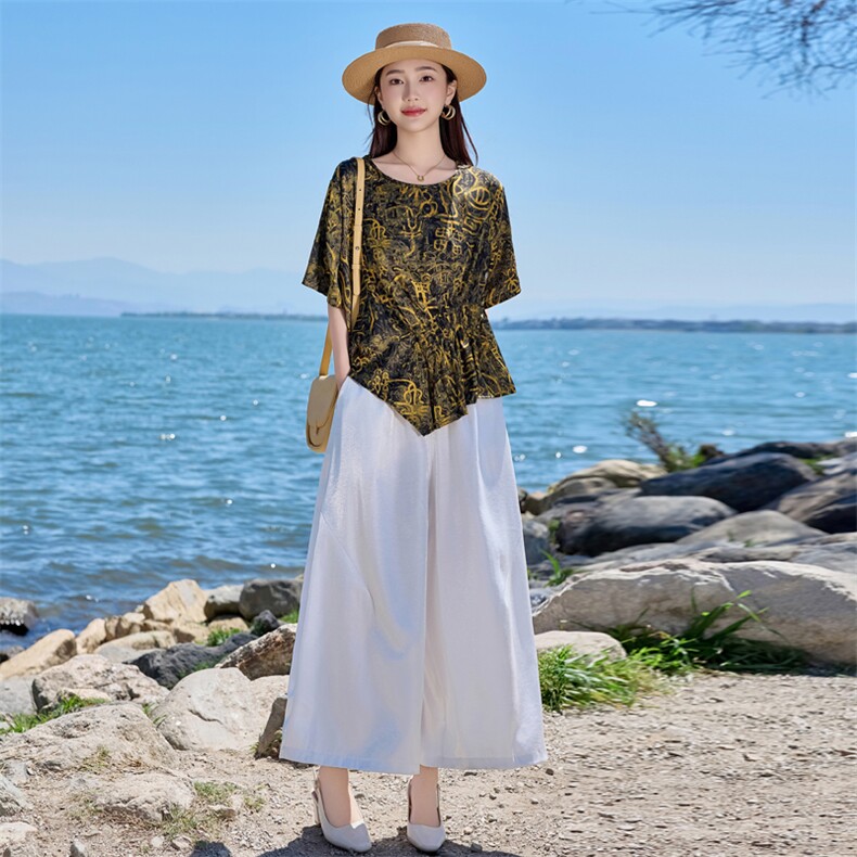 25夏印花时尚不规则短袖上衣宽松大码遮肉减龄阔腿裤两件套装女,女装套装/套裙,缘衣格