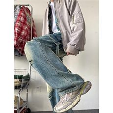 美式复古破洞工装牛仔裤男秋季新款宽松直筒阔腿裤子高街潮牌嘻哈，男装牛仔裤，星座1013
