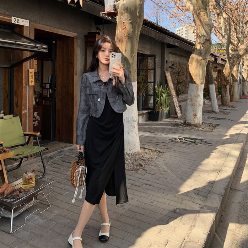 2024春款时尚潮流女装牛仔外套+黑色连衣裙套装,女装套装/套裙,浪花E族（衣布洛）