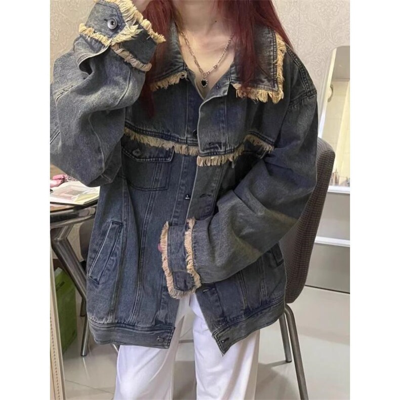 水洗做旧毛边翻领牛仔外套女美式复古牛仔外套男夹克 JF812-P68图片