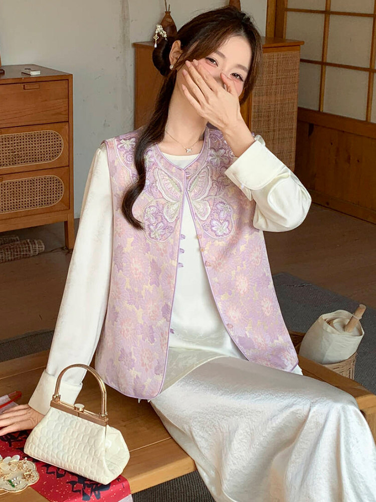 2026春季新款新中式g风提花刺绣设计感百搭无袖马甲,女装马甲,超帛