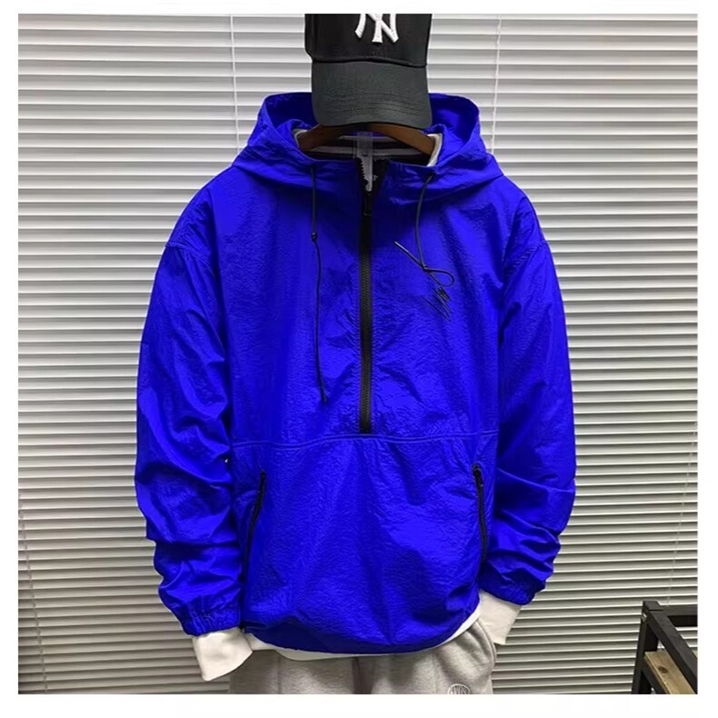 春夏新款连帽套头半拉链防晒服简约工装夹克男薄款宽松街头外套潮,男装防晒衣,星座506A
