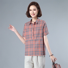 纯棉格子衬衫女2021夏装新款韩版通勤拼接全棉衬衣40-49周岁，女装衬衫，伊满意