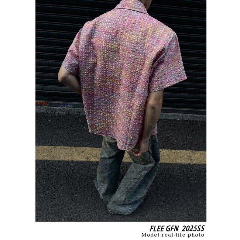 色织格纹泡泡纱宽松廊形短袖衬衫男设计感粉色衬衣CS287-P35,男装T恤,星座1001-1