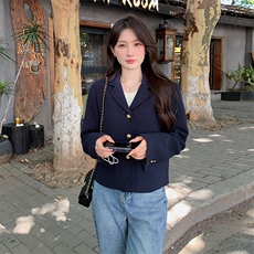 藏青色设计感休闲西装外套女2025春秋法式名媛气高级感显瘦小西服，女装西装，2C205