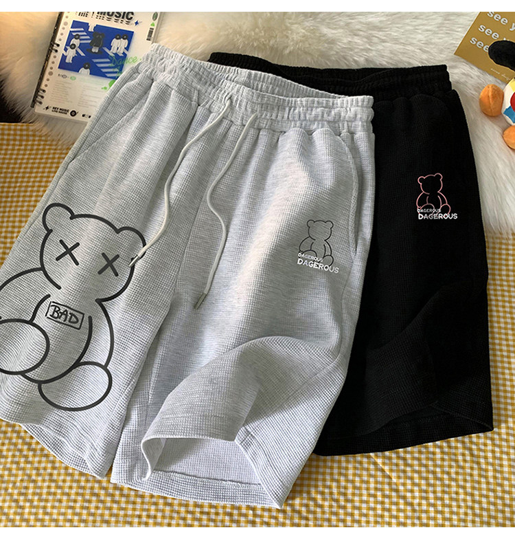 中性风  夏季休闲潮流宽松印花棉华夫格短裤男女情侣A688 P35控48图片