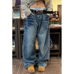 铆钉水洗闪电低腰直筒牛仔裤女秋季水洗做旧宽松阔腿裤子潮NZ22图片