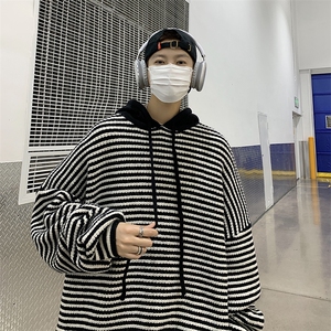 现货~连帽宽松针织衫男装条纹毛衣毛衫 M269P75图片