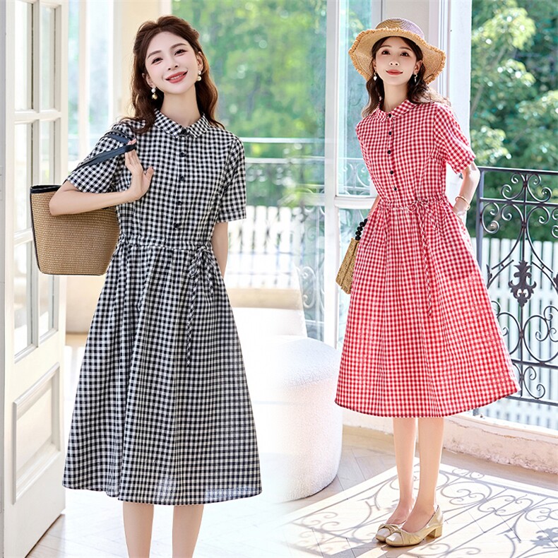时尚休闲薄款格子连衣裙女2025夏季新款收腰显瘦气质减龄中长裙子，女装连衣裙，罗得堡