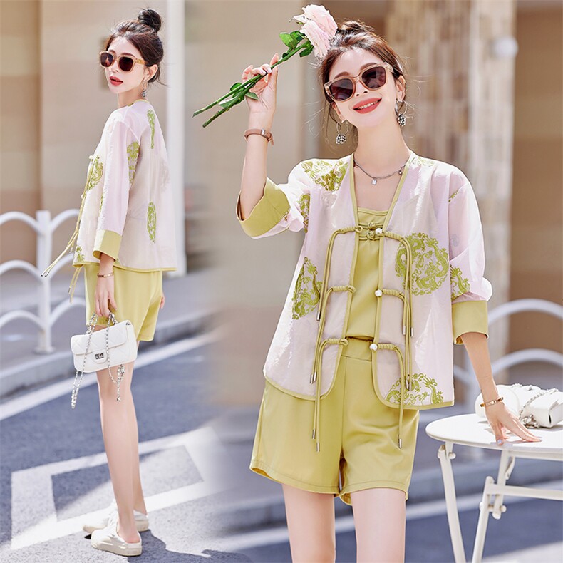 新中式国风短裤套装女2024夏季新款复古盘扣刺绣花防晒薄款三件套，女装套装/套裙，艾仟回(原伊仟回)