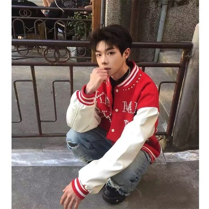 美式珍珠刺绣拼接撞色棒球服外套男女春季情侣休闲宽松夹克JKT77,男装夹克,星座516A