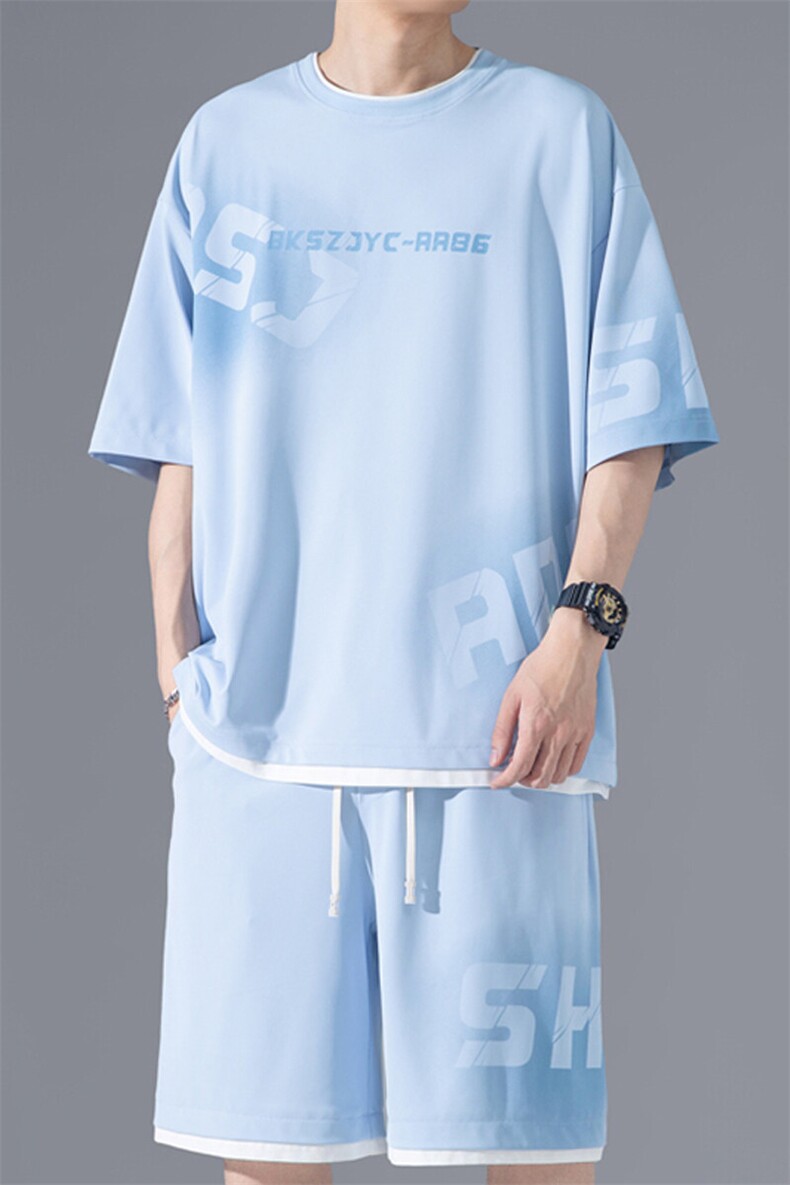 2025夏季新款无影墙大码假两件冰丝套装M-5XHQ25443-P65,男装休闲套装,电商A022