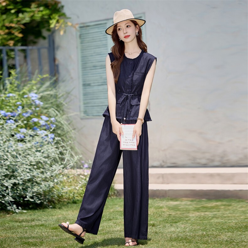 夏季薄款天丝牛仔套装女2025新款时尚巨好看无袖上衣阔腿裤两件套,女装套装/套裙,E百度