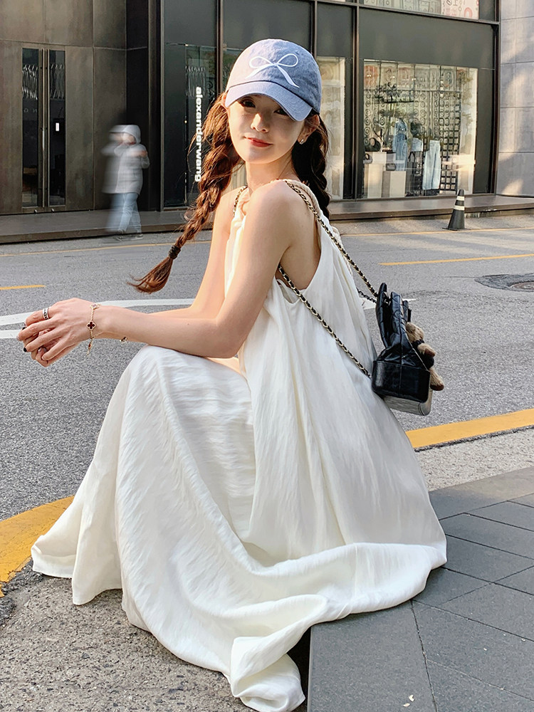 挂脖领露肩无袖连衣裙女夏2024新款设计感麻绳慵懒宽松显瘦长裙子,女装连衣裙,诺蝶