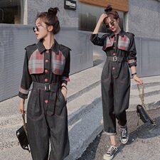 2021春秋季格纹拼接时尚连体裤高腰时尚翻领休闲舒适百搭女，女装休闲裤，秋水欣儿