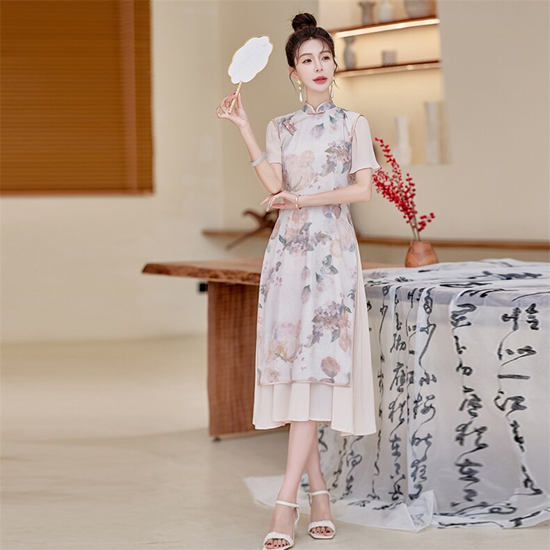 改良版奥黛旗袍女夏季新款送考印花长裙子气质修身中式日常连衣裙,女装连衣裙,利佳可人
